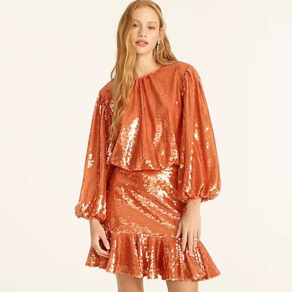 🍊 NEW J. Crew Orange Bubble-Sleeve Sequin Top 2X - Picture 2 of 6